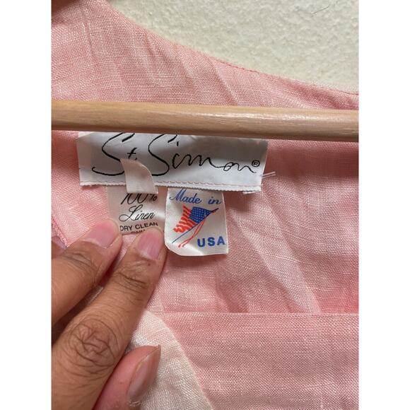 Vintage St. Simon Womens Dress Sz 12 Pink Linen Pleated Cottagecore Prairie FLAW - Picture 4 of 14